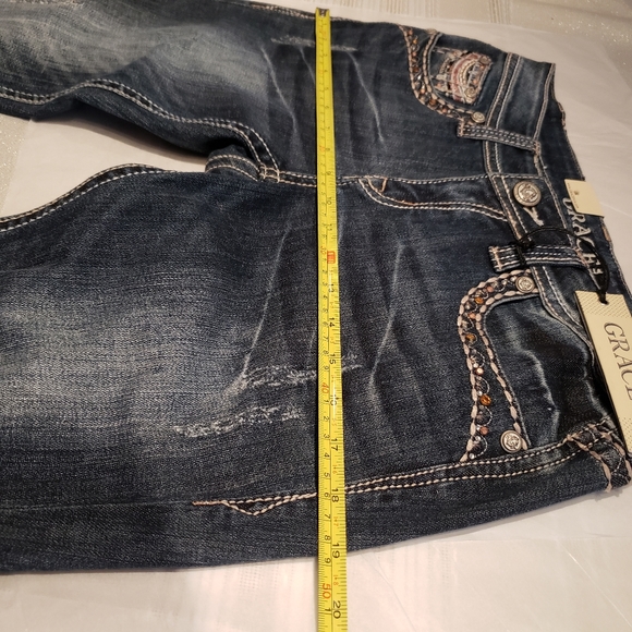 Grace In LA NEW Embellished Jewel Stud Bead Mesh Slim Bootcut Jeans Denim Womens - Picture 5 of 16